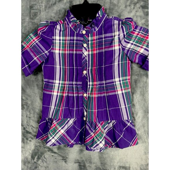 Chaps Other - Chaps Little Girl’s Sz 5 Top Short Sleeve Pur/Strip Plaid Ruffled Collar Pleated